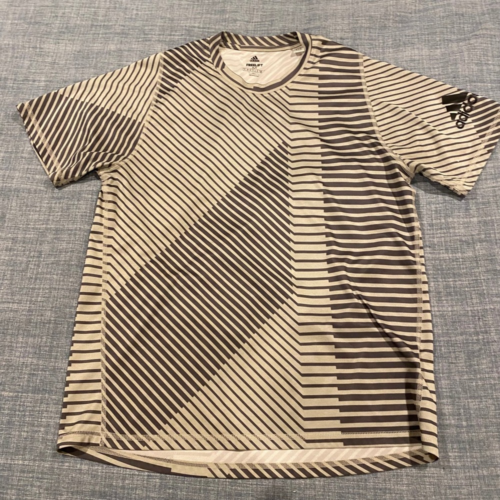 Adidas Mens Striped Performance T-Shirt Grey Black Short Sleeve Athletic Tee - Picture 3 of 9